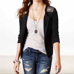 AEO full zip dark gray/black jeweled shoulder cotton cardigan